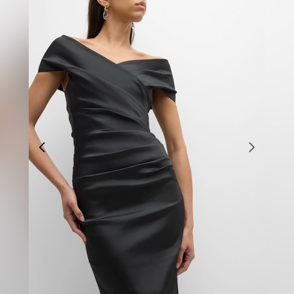 Rickie Freeman For Teri Jon Pleated Off-Shoulder Satin Column Gown - Picture 5 of 15